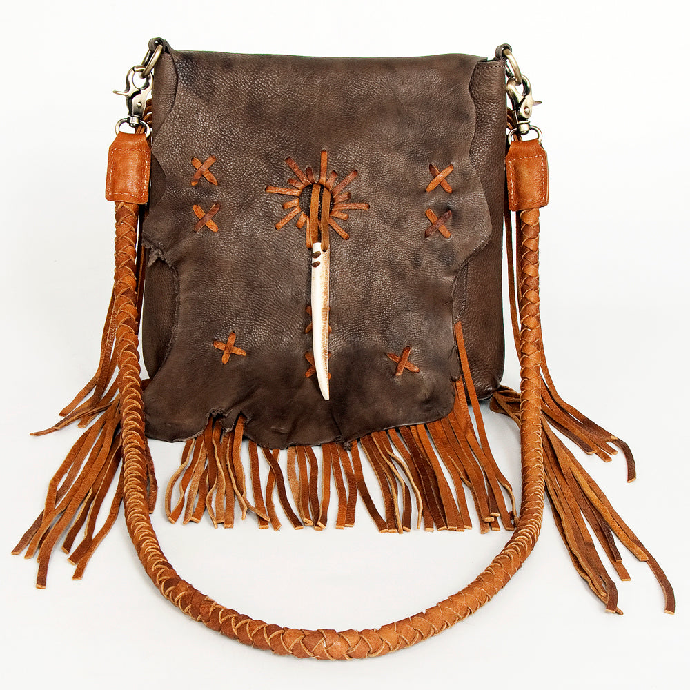 ADBGM282 Raw-Edge Tribal Leather Crossbody - Fringe, Bone Accent & Braided Strap