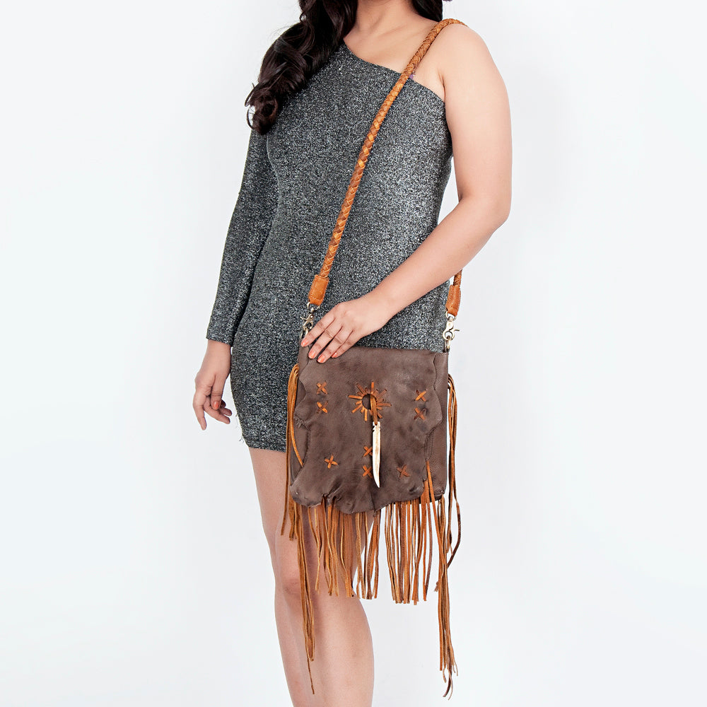 ADBGM282 Raw-Edge Tribal Leather Crossbody - Fringe, Bone Accent & Braided Strap