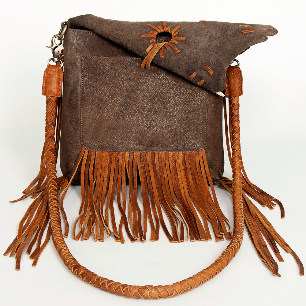 ADBGM282 Raw-Edge Tribal Leather Crossbody - Fringe, Bone Accent & Braided Strap