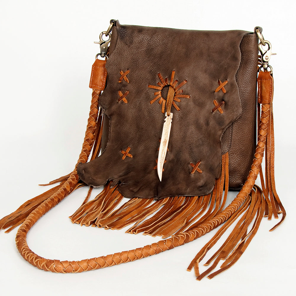 ADBGM282 Raw-Edge Tribal Leather Crossbody - Fringe, Bone Accent & Braided Strap