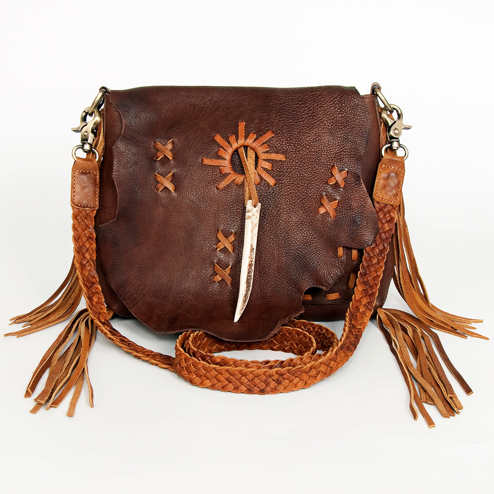 ADBGM283 Tribal Leather Crossbody - Fringe, Bone Accent & Braided Strap