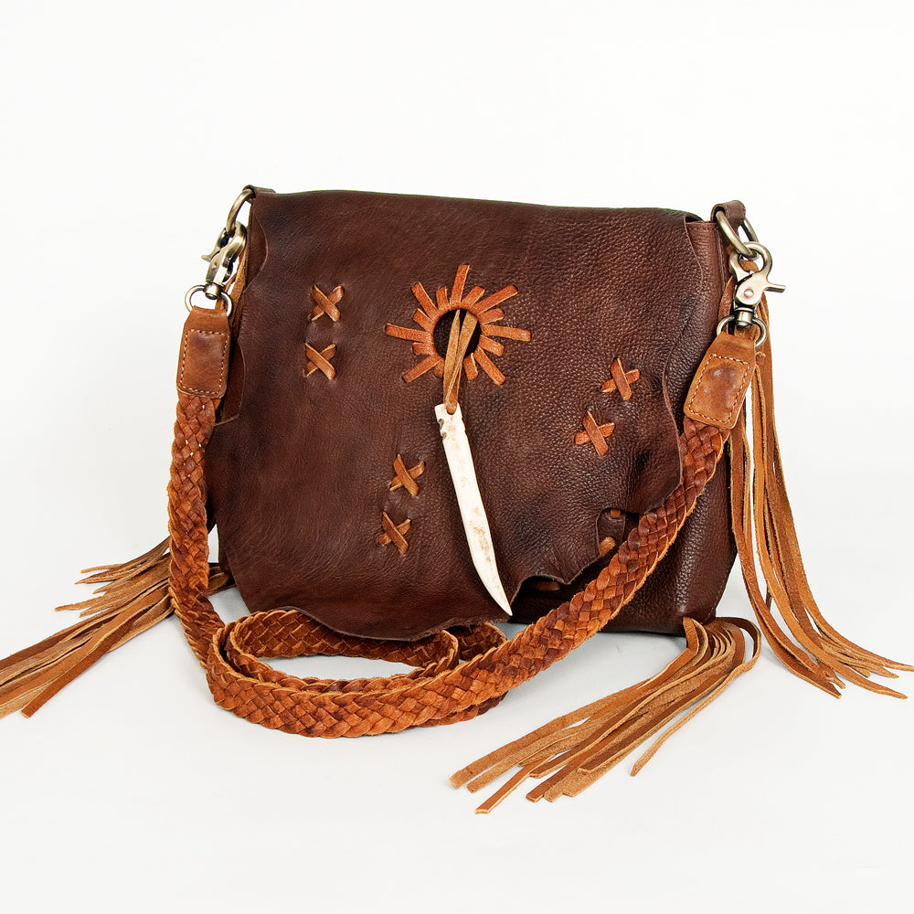 ADBGM283 Tribal Leather Crossbody - Fringe, Bone Accent & Braided Strap