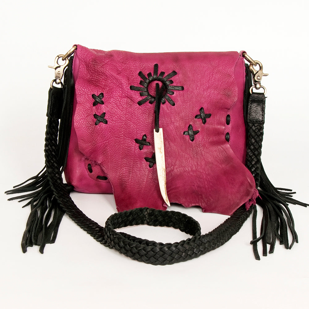 ADBGM283 Tribal Leather Crossbody - Fringe, Bone Accent & Braided Strap