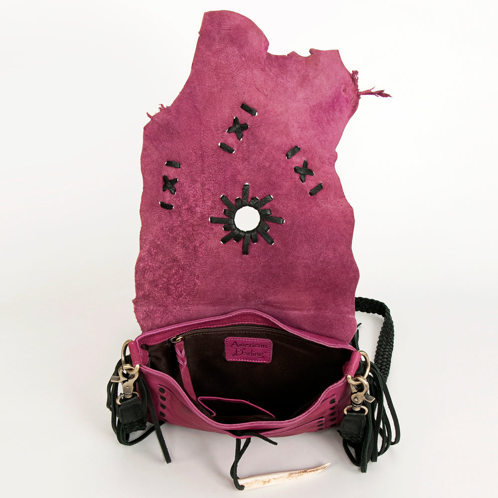 ADBGM283 Tribal Leather Crossbody - Fringe, Bone Accent & Braided Strap