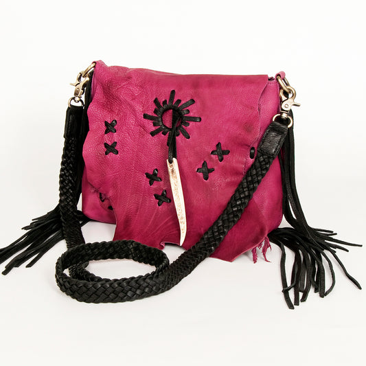 ADBGM283 Tribal Leather Crossbody - Fringe, Bone Accent & Braided Strap