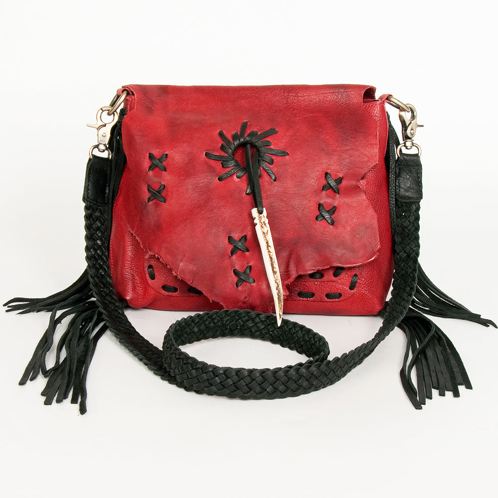 ADBGM283 Tribal Leather Crossbody - Fringe, Bone Accent & Braided Strap