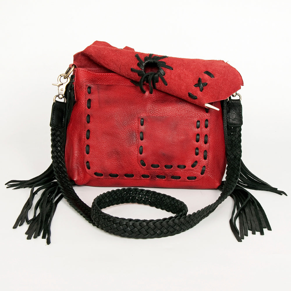 ADBGM283 Tribal Leather Crossbody - Fringe, Bone Accent & Braided Strap