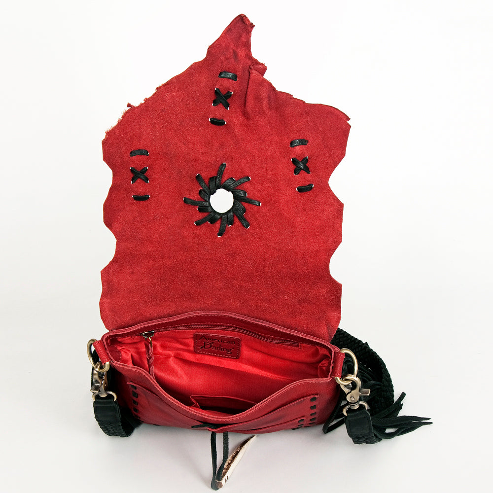 ADBGM283 Tribal Leather Crossbody - Fringe, Bone Accent & Braided Strap