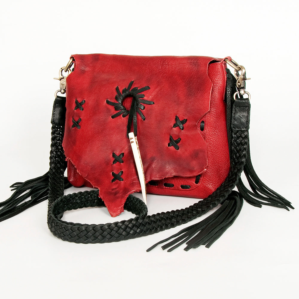 ADBGM283 Tribal Leather Crossbody - Fringe, Bone Accent & Braided Strap