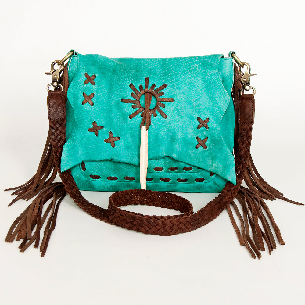 ADBGM283 Tribal Leather Crossbody - Fringe, Bone Accent & Braided Strap