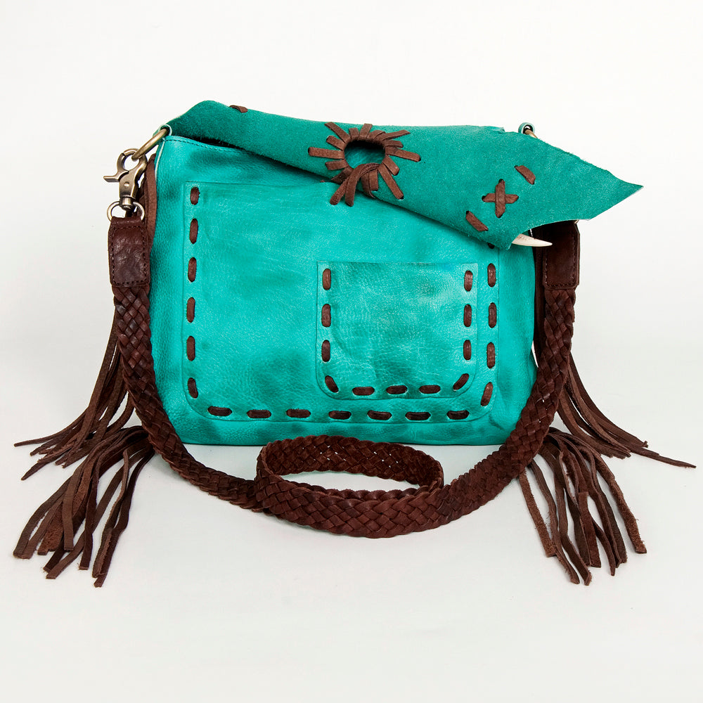 ADBGM283 Tribal Leather Crossbody - Fringe, Bone Accent & Braided Strap