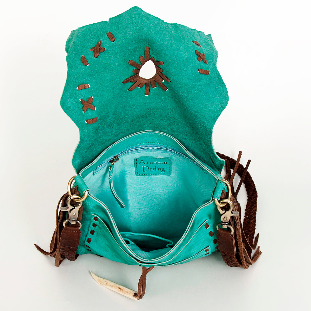 ADBGM283 Tribal Leather Crossbody - Fringe, Bone Accent & Braided Strap