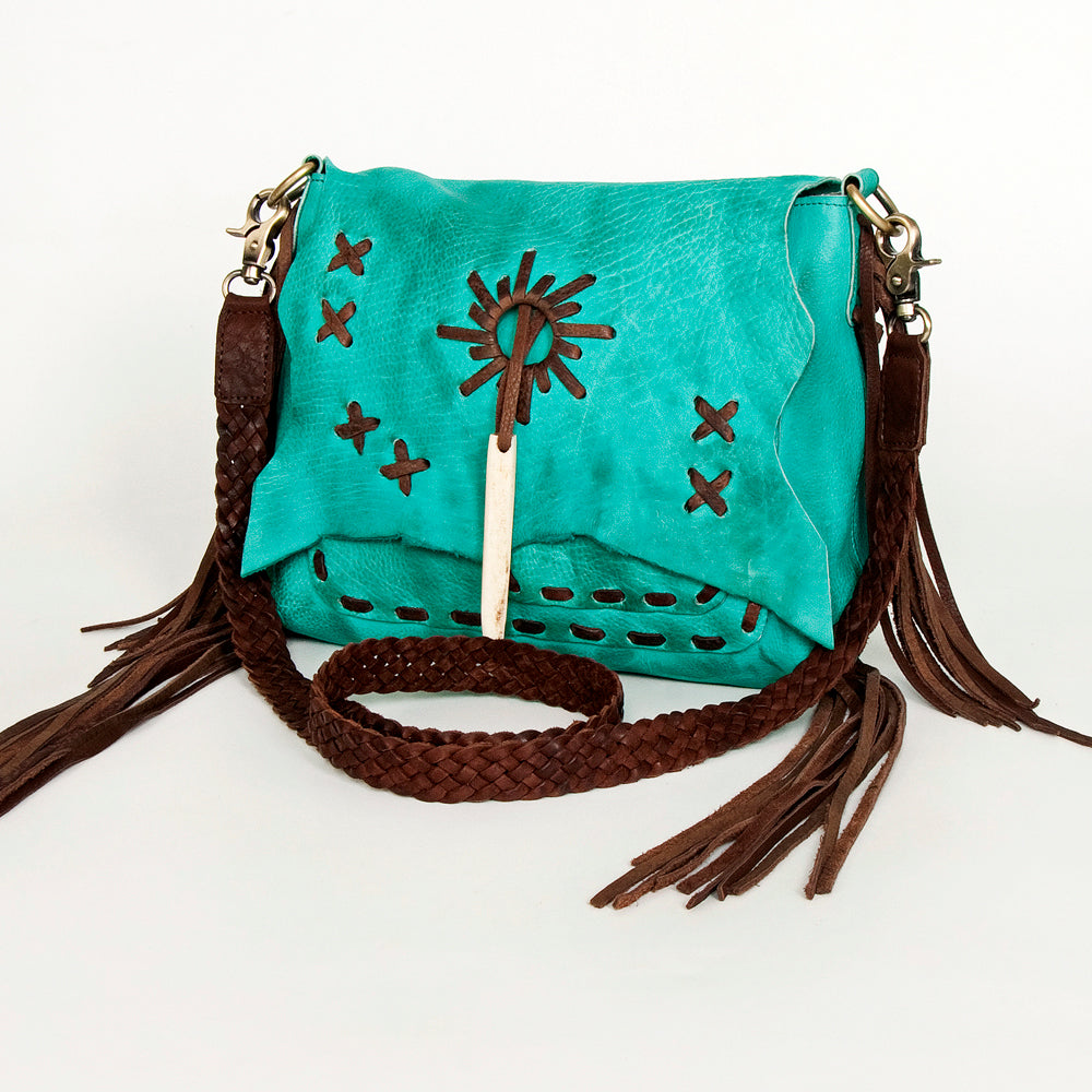 ADBGM283 Tribal Leather Crossbody - Fringe, Bone Accent & Braided Strap