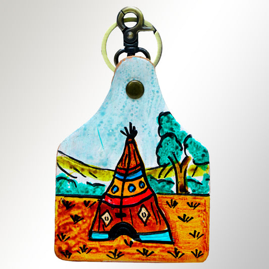 ADKRM110 Hand-Painted Tipi Leather Keyring   Western Tribal Landscape Art
