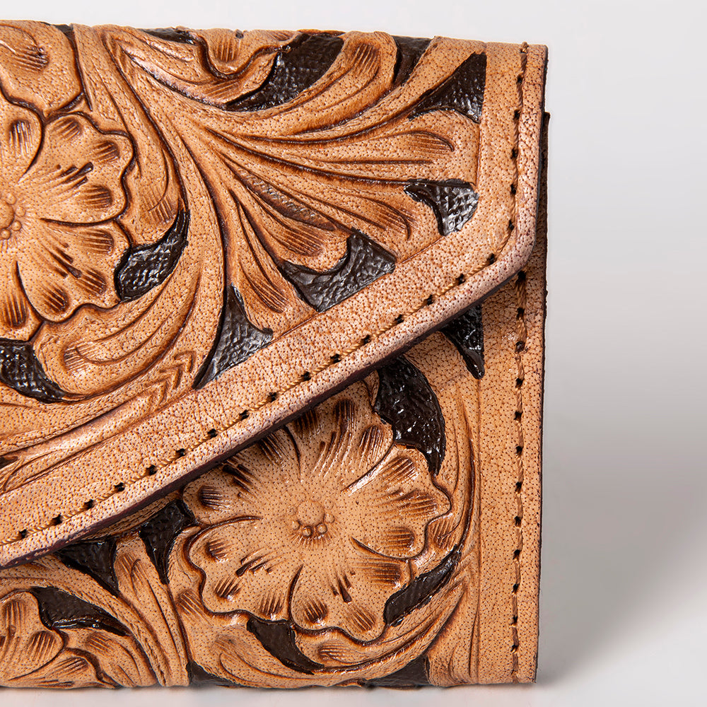 SKBG105  Wallet Hand Tooled Saddle Leather and Upcycled Canvas Ladies Bag H4XW6 SKBG105   SKBG
