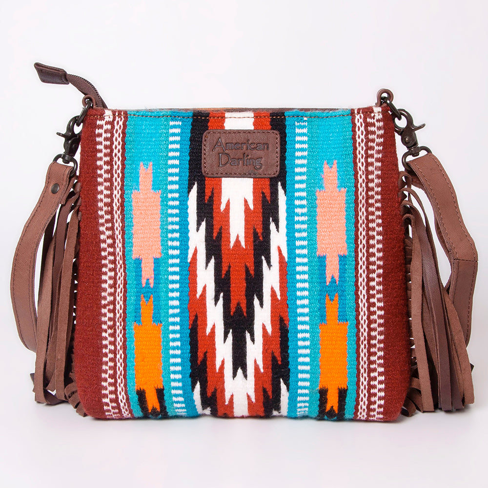 LC-ADBGZ641A Western Leather Crossbody Bag with Tooled Yoke & Turquoise Wool Pattern