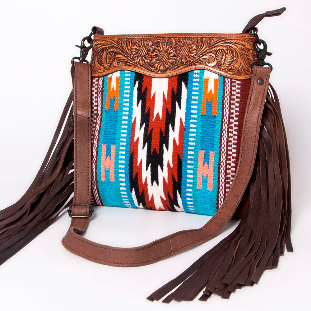LC-ADBGZ641A Western Leather Crossbody Bag with Tooled Yoke & Turquoise Wool Pattern