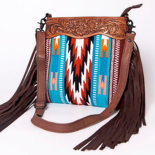 LC-ADBGZ641A Western Leather Crossbody Bag with Tooled Yoke & Turquoise Wool Pattern