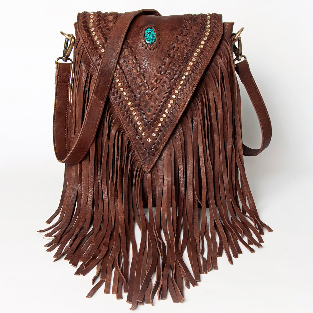 ADBGM126 Leather Fringe Messenger Bag - V-Cut Flap with Turquoise Concho & Studs
