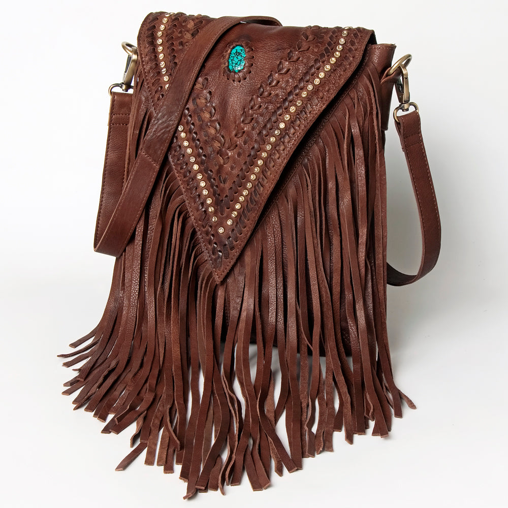 ADBGM126 Leather Fringe Messenger Bag - V-Cut Flap with Turquoise Concho & Studs