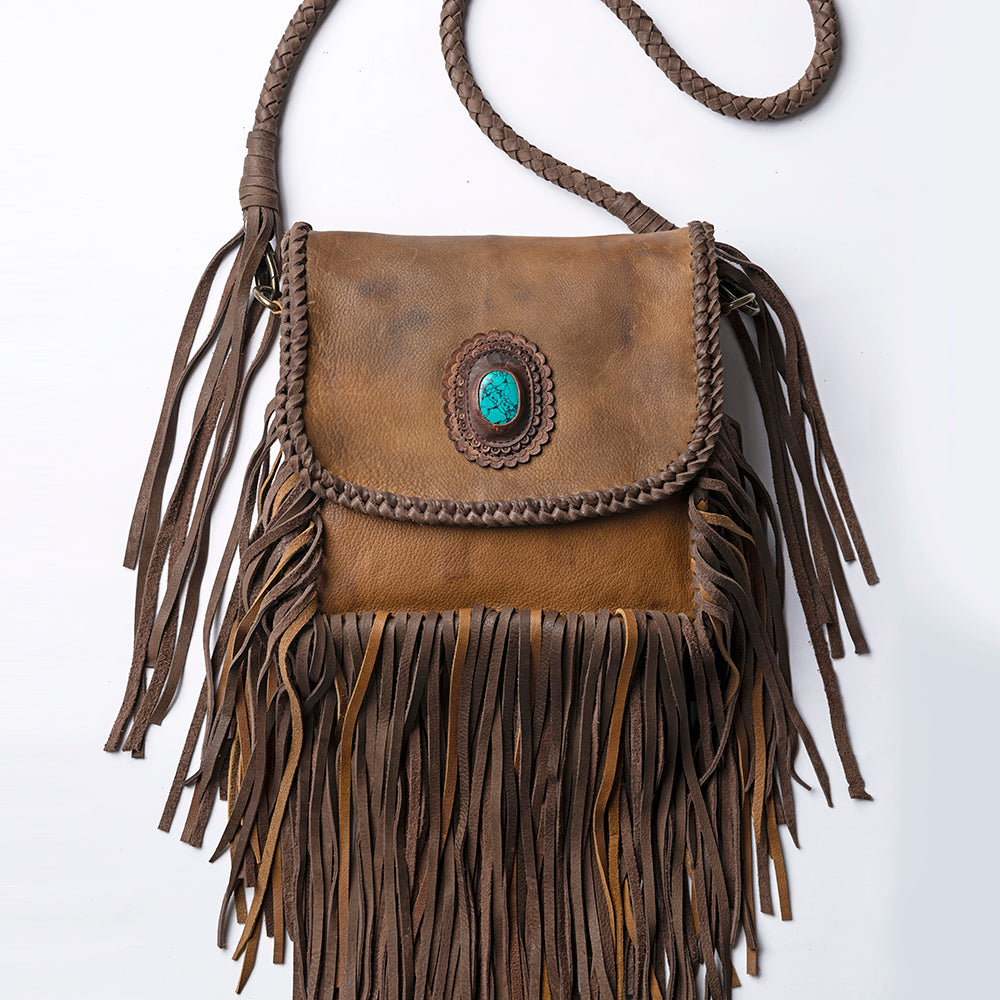 ADBGM250 Rustic Brown Leather Crossbody - Fringe Western Purse with Turquoise Concho
