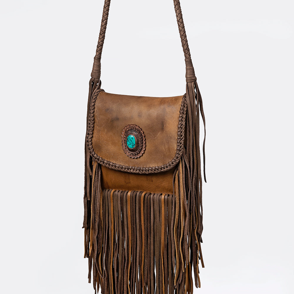 ADBGM250 Rustic Brown Leather Crossbody - Fringe Western Purse with Turquoise Concho