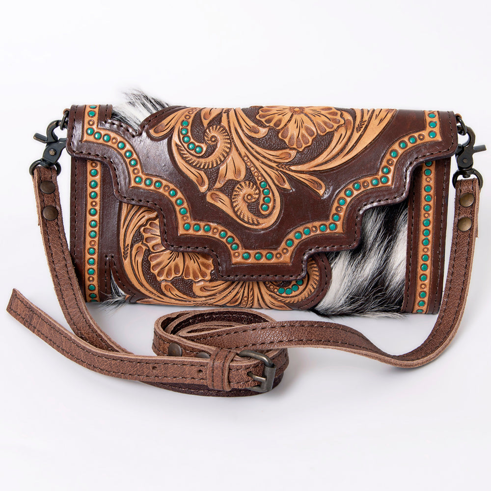 ADBG941 Hand-Tooled Western Leather Hair-On Hide Wallet Crossbody Bag American Darling
