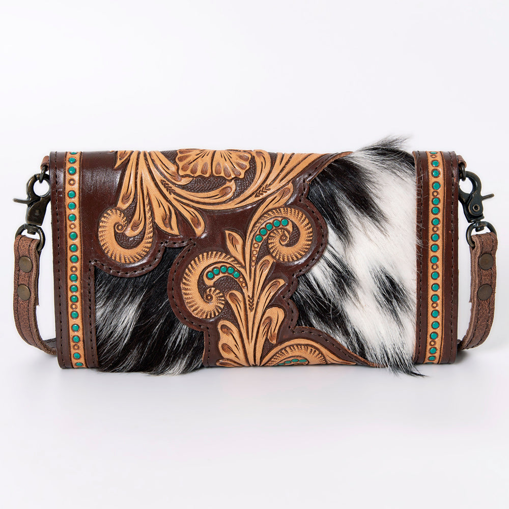 ADBG941 Hand-Tooled Western Leather Hair-On Hide Wallet Crossbody Bag American Darling