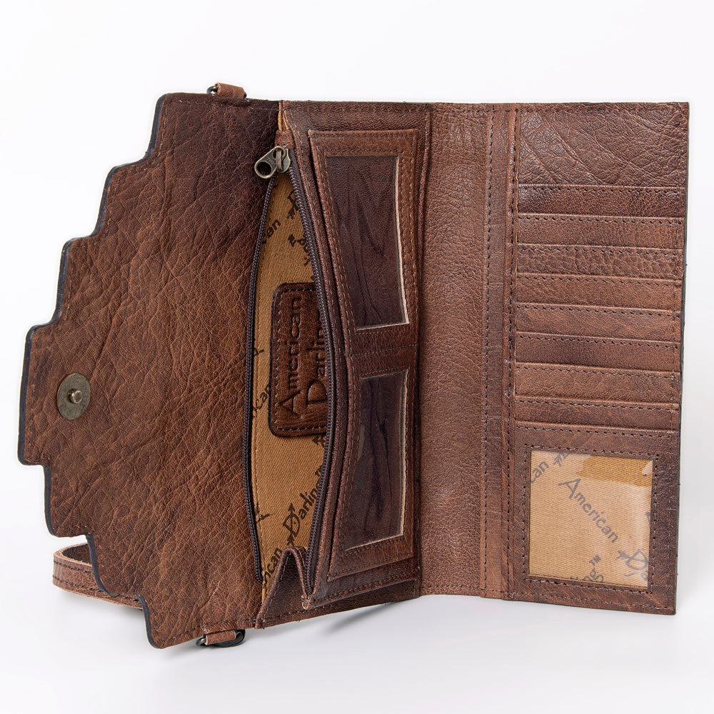 ADBG941 Hand-Tooled Western Leather Hair-On Hide Wallet Crossbody Bag American Darling
