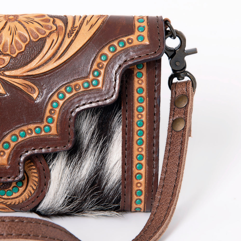 ADBG941 Hand-Tooled Western Leather Hair-On Hide Wallet Crossbody Bag American Darling