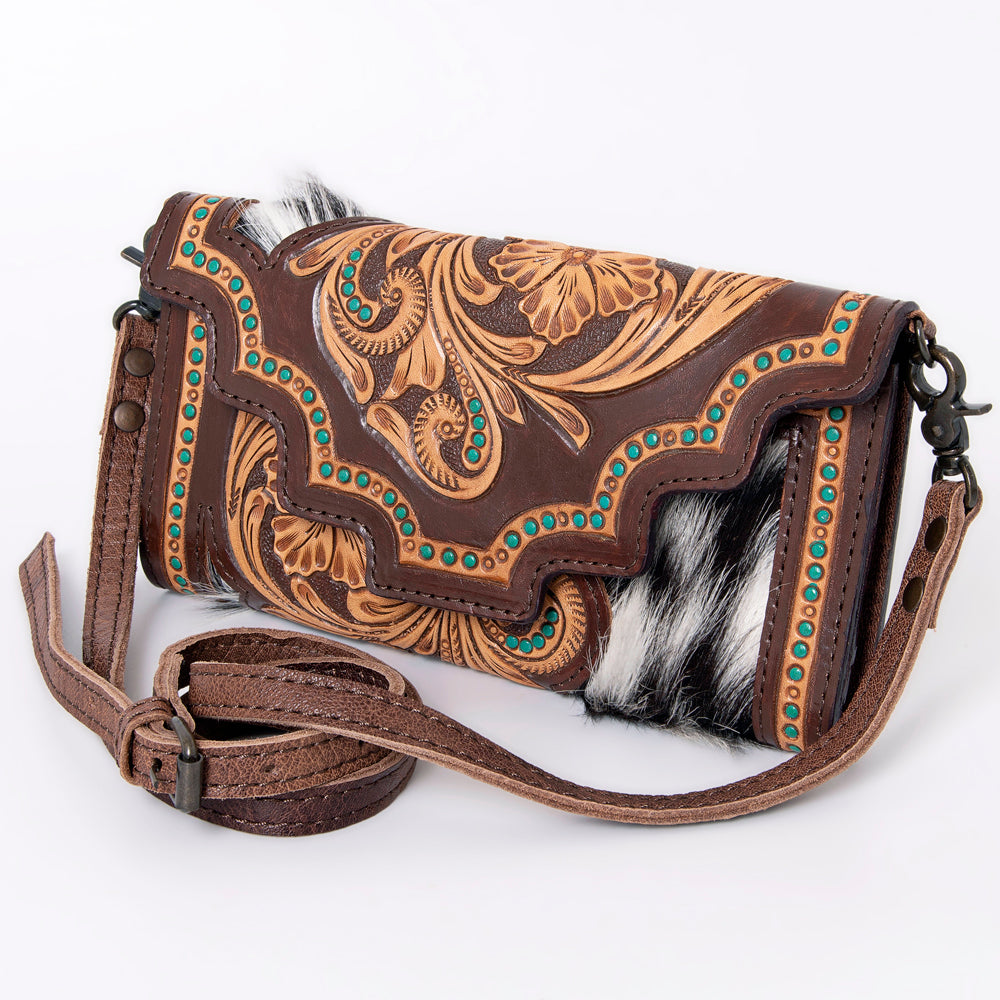 ADBG941 Hand-Tooled Western Leather Hair-On Hide Wallet Crossbody Bag American Darling