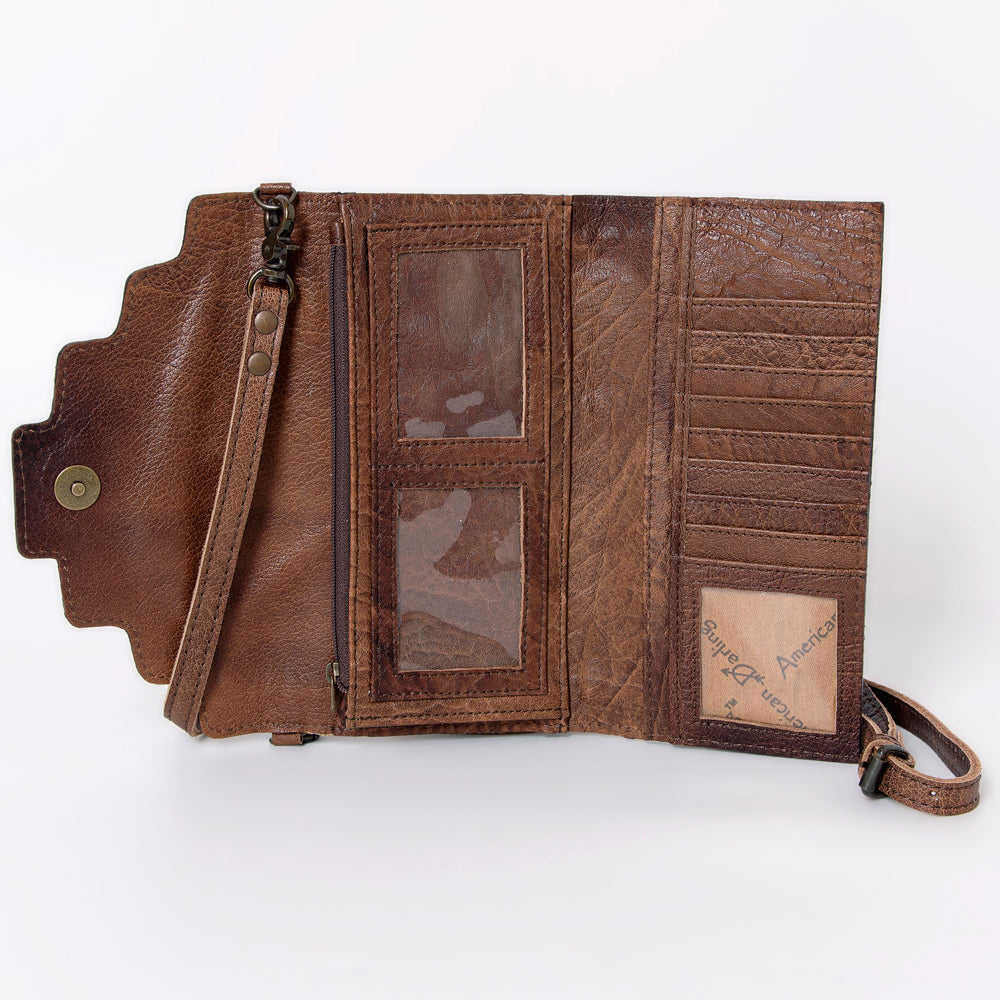 ADBG941 Hand-Tooled Western Leather Hair-On Hide Wallet Crossbody Bag American Darling