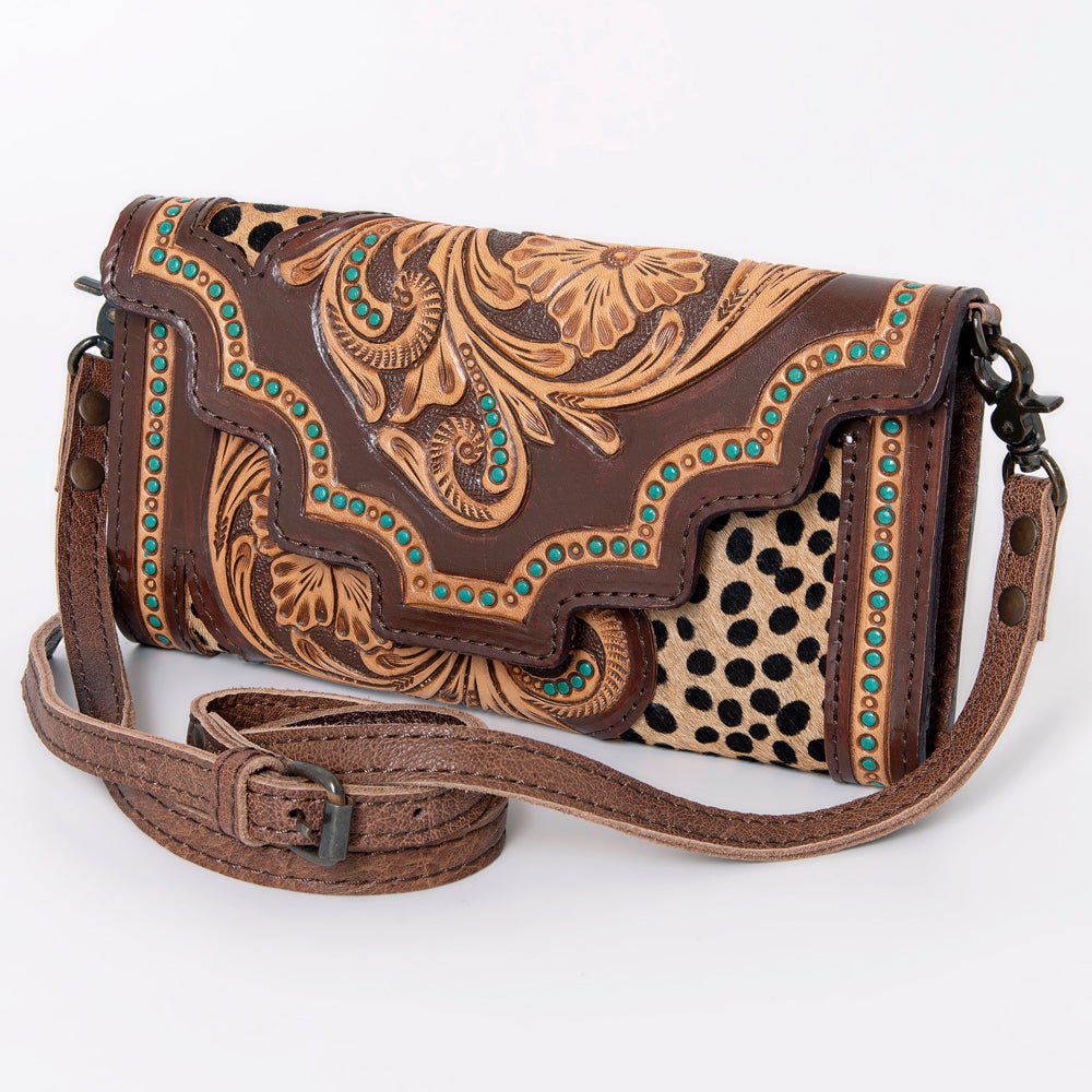 ADBG941 Hand-Tooled Western Leather Hair-On Hide Wallet Crossbody Bag American Darling