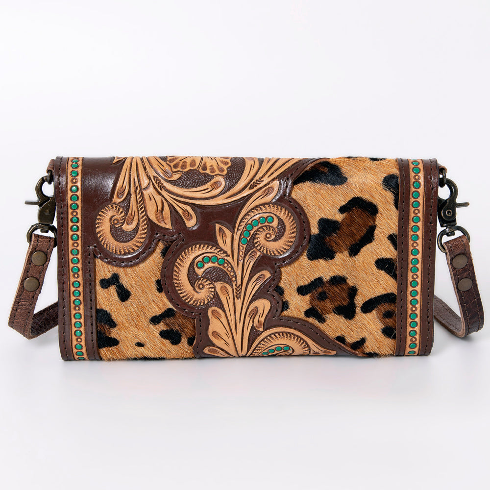 ADBG941 Hand-Tooled Western Leather Hair-On Hide Wallet Crossbody Bag American Darling