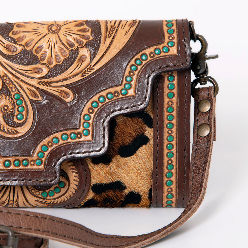 ADBG941 Hand-Tooled Western Leather Hair-On Hide Wallet Crossbody Bag American Darling
