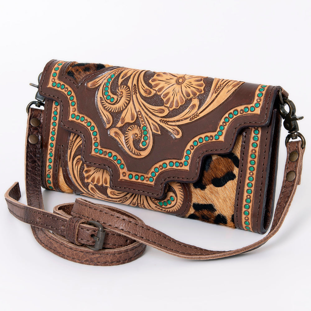 ADBG941 Hand-Tooled Western Leather Hair-On Hide Wallet Crossbody Bag American Darling