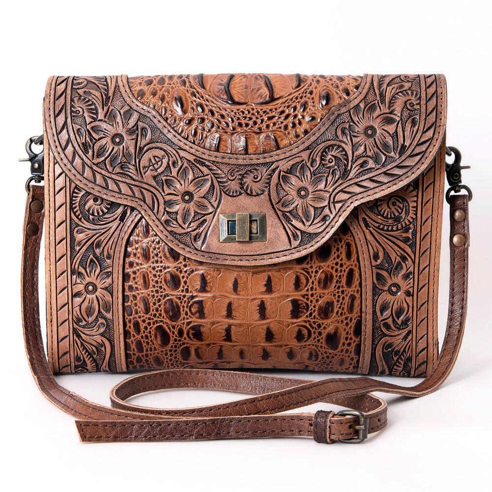 ADBG942 Hand-Tooled Croc-Embossed Leather Small Crossbody Bag with Floral Flap