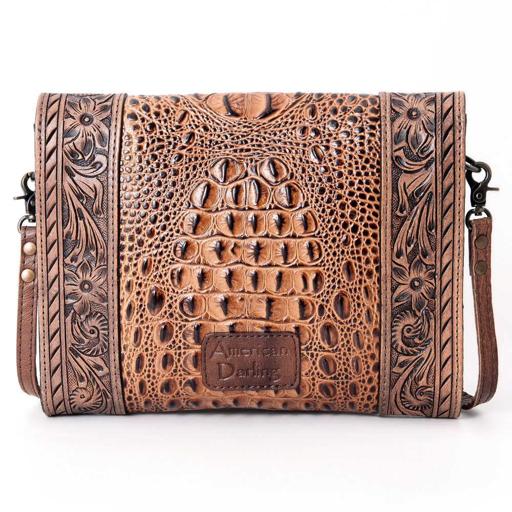 ADBG942 Hand-Tooled Croc-Embossed Leather Small Crossbody Bag with Floral Flap
