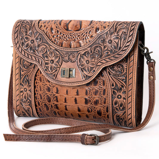 ADBG942 Hand-Tooled Croc-Embossed Leather Small Crossbody Bag with Floral Flap
