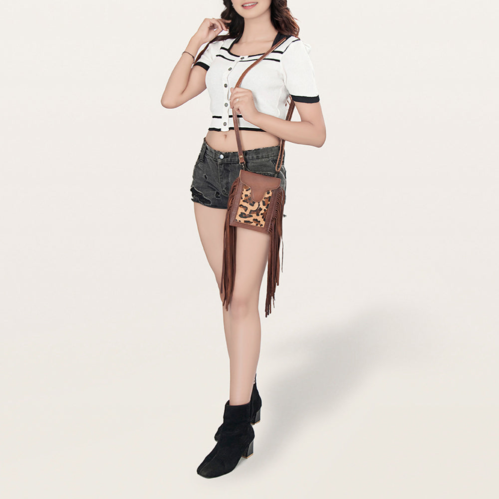 LC-ADBG943A Leopard Print Fringe Leather Cell Phone Crossbody Western Mini Bag by American Darling