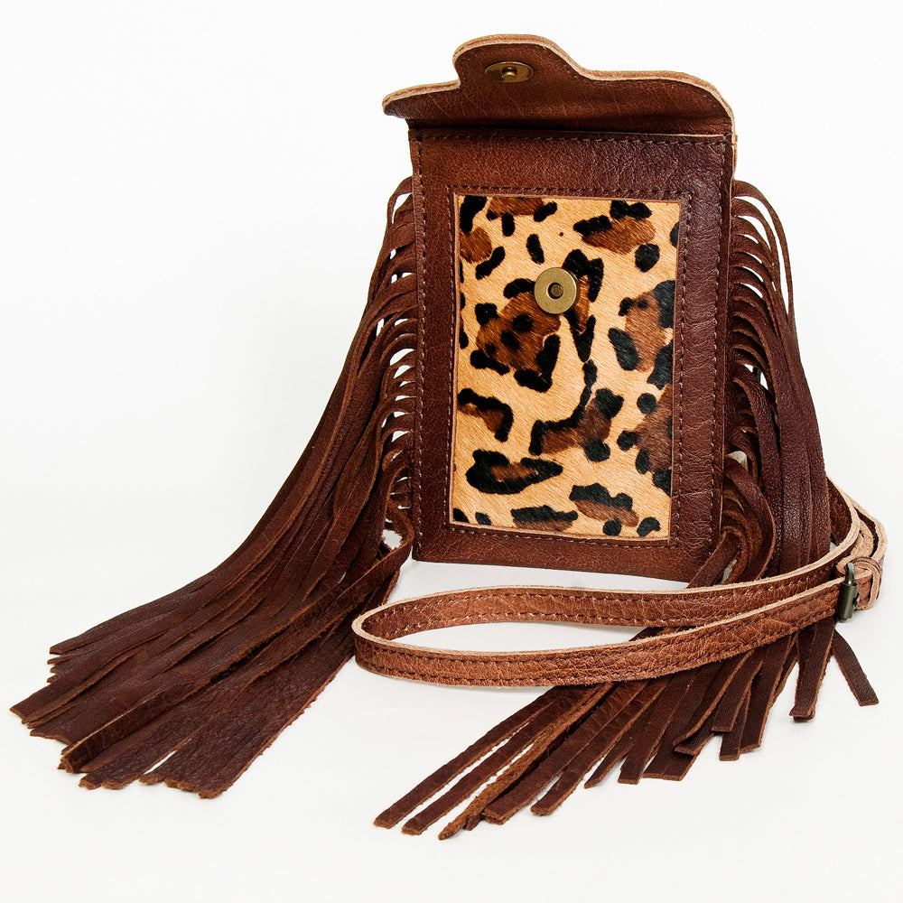 LC-ADBG943A Leopard Print Fringe Leather Cell Phone Crossbody Western Mini Bag by American Darling