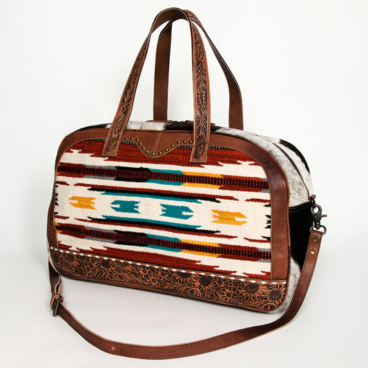 ADBG946 American Darling Handcrafted Western Leather Duffel with Hand Woven Saddle Blanket & Cowhide