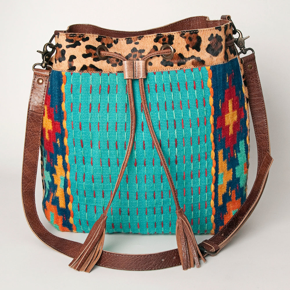 LC-ADBG574 Southwestern Wool Bucket Bag Drawstring Tote with Leather Strap