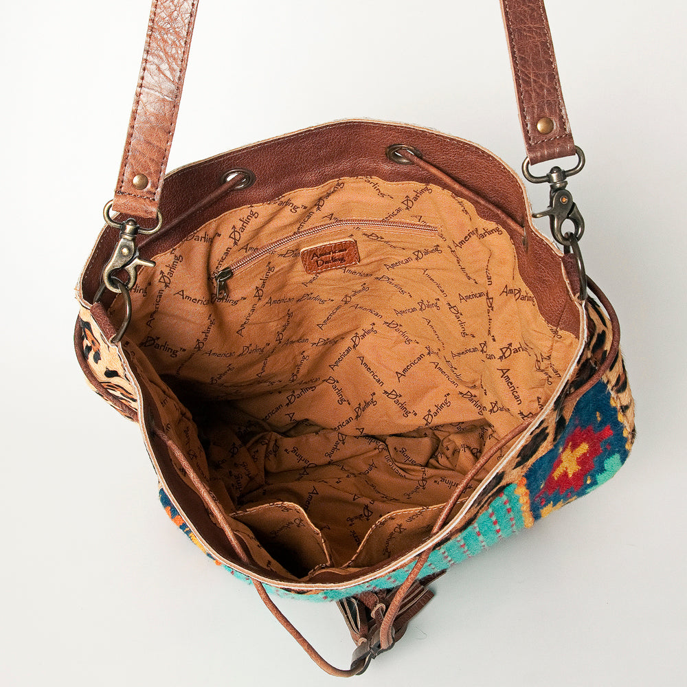 LC-ADBG574 Southwestern Wool Bucket Bag Drawstring Tote with Leather Strap