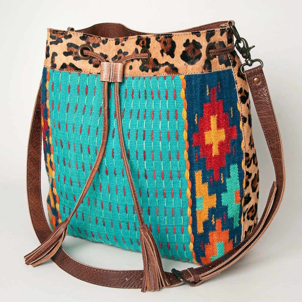 LC-ADBG574 Southwestern Wool Bucket Bag Drawstring Tote with Leather Strap