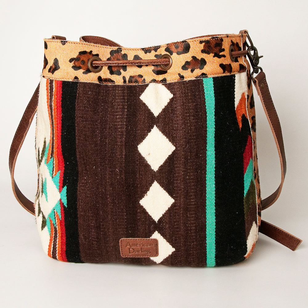 LC-ADBG574 Southwestern Wool Bucket Bag Drawstring Tote with Leather Strap