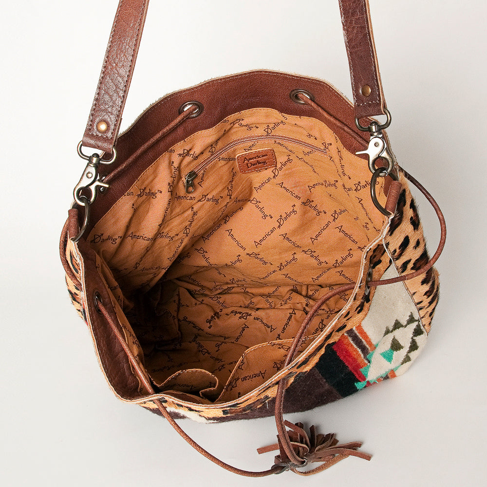 LC-ADBG574 Southwestern Wool Bucket Bag Drawstring Tote with Leather Strap