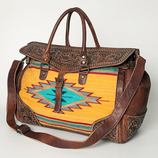 ADBG516 Tooled Leather & Saddle Blanket Duffel Bag Belle Western Travel Weekender by American Darling