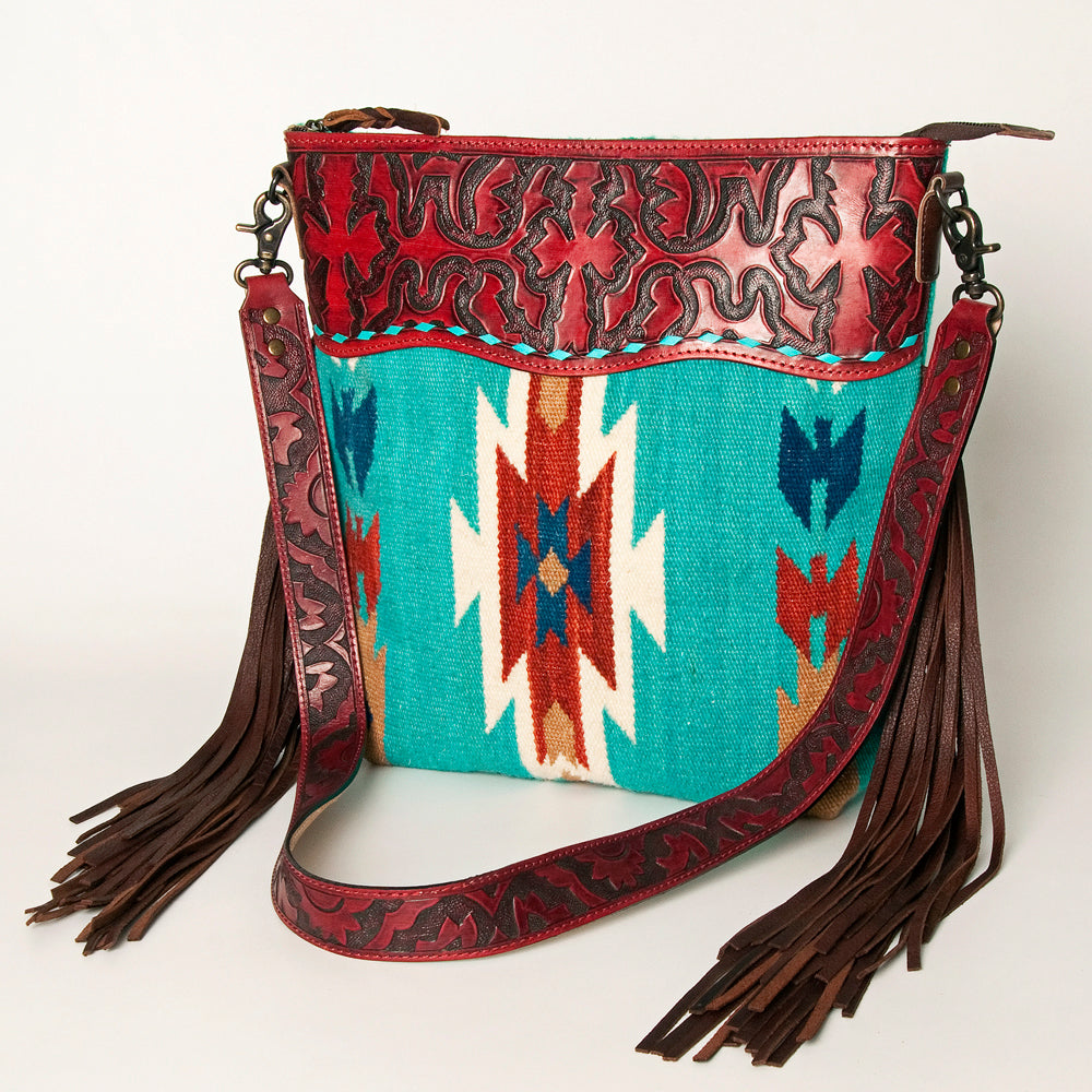 ADBG510 Tooled Leather & Saddle Blanket Crossbody Bag Western Fringe Purse by American Darling