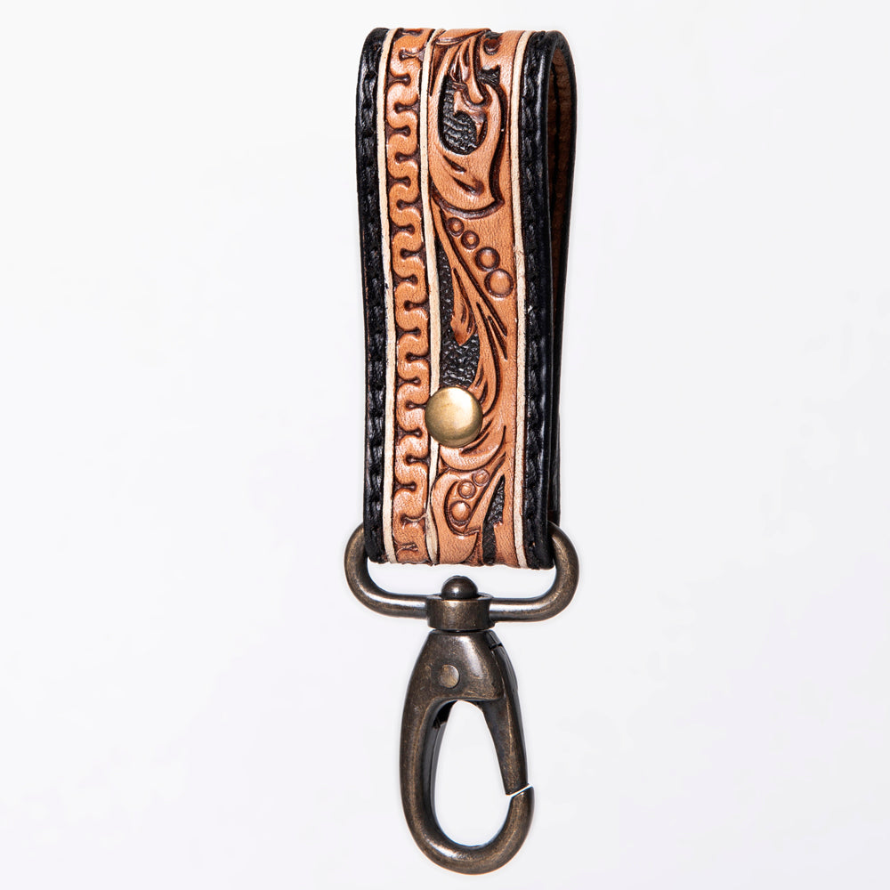 ADKR210 Hand-Tooled Leather Loop Keyring - Floral Design with Swivel Clasp